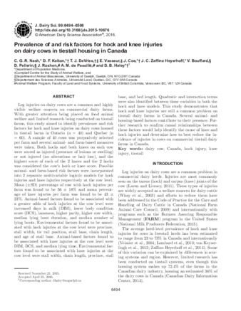 Prevalence of and risk factors for hock and knee injuries on dairy cows in tiestall housing in Canada thumbnail