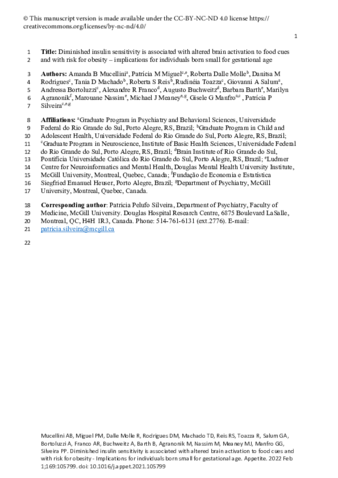Diminished insulin sensitivity is associated with altered brain activation to food cues and with risk for obesity - Implications for individuals born small for gestational age thumbnail