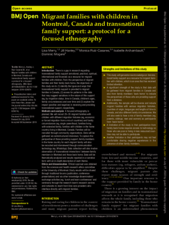 Migrant families with children in Montreal, Canada and transnational family support: a protocol for a focused ethnography  thumbnail