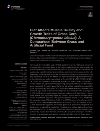 Diet Affects Muscle Quality and Growth Traits of Grass Carp (Ctenopharyngodon idellus): A Comparison Between Grass and Artificial Feed thumbnail