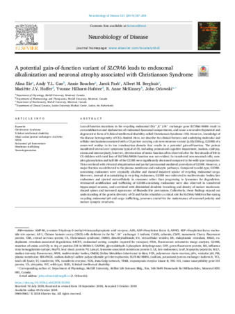 A potential gain-of-function variant of SLC9A6 leads to endosomal alkalinization and neuronal atrophy associated with Christianson Syndrome thumbnail