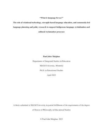 What is language for us? The role of relational technology, strength-based language education, and community-led language planning and policy research to support Indigenous language revitalization and cultural reclamation processes thumbnail