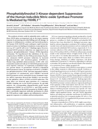 Phosphatidylinositol 3-kinase-dependent suppression of the human inducible nitric-oxide synthase promoter is mediated by FKHRL1 thumbnail
