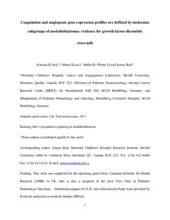 Coagulation and angiogenic gene expression profiles are defined by molecular subgroups of medulloblastoma - evidence for growth factor-thrombin cross-talk thumbnail