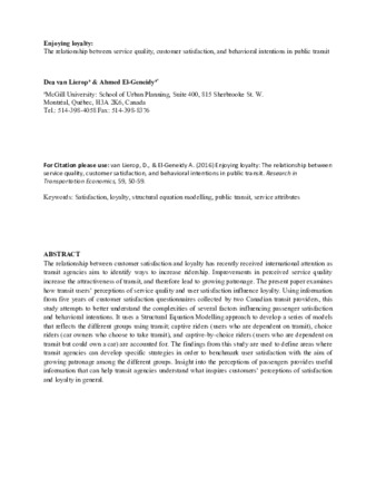 Enjoying loyalty: The relationship between service quality, customer satisfaction, and behavioural intentions in public transit  thumbnail