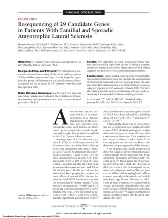 Resequencing of 29 Candidate Genes in Patients With Familial and Sporadic Amyotrophic Lateral Sclerosis thumbnail