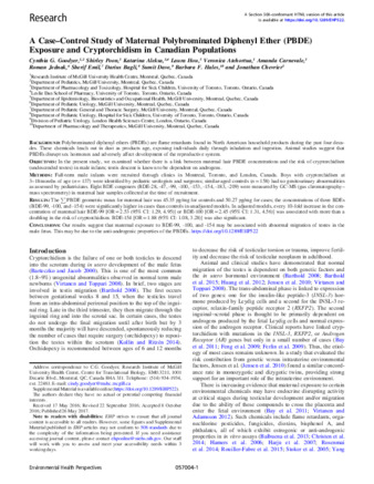 A Case–Control Study of Maternal Polybrominated Diphenyl Ether (PBDE) Exposure and Cryptorchidism in Canadian Populations thumbnail