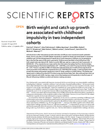 Birth weight and catch up growth are associated with childhood impulsivity in two independent cohorts thumbnail