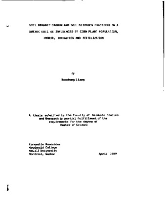 Soil organic carbon and soil nitrogen fractions in a Quebec soil as influenced by corn plant population, hybrid, irrigation and fertilization thumbnail