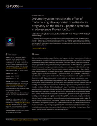 DNA methylation mediates the effect of maternal cognitive appraisal of a disaster in pregnancy on the child’s C-peptide secretion in adolescence: Project Ice Storm thumbnail