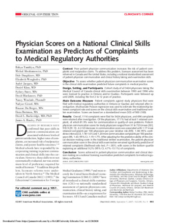 Physician Scores on a National Clinical Skills Examination as Predictors of Complaints to Medical Regulatory Authorities thumbnail