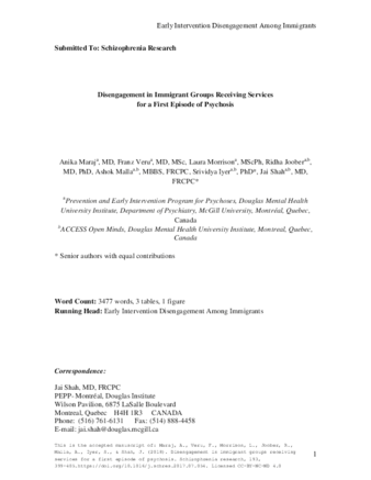 Disengagement in immigrant groups receiving services for a first episode of psychosis thumbnail