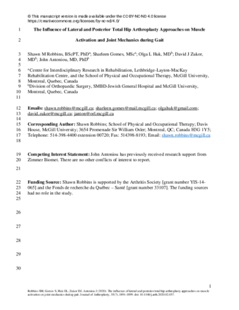The Influence of Lateral and Posterior Total Hip Arthroplasty Approaches on Muscle Activation and Joint Mechanics During Gait thumbnail