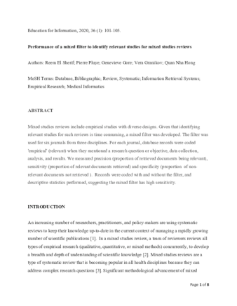 Performance of a mixed filter to identify relevant studies for mixed studies reviews thumbnail