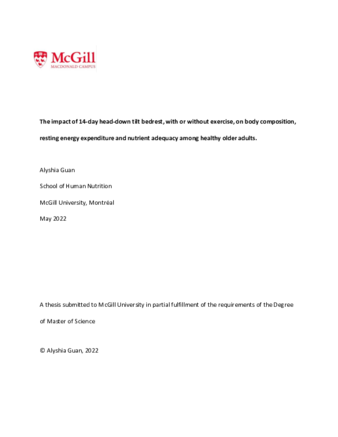 The impact of 14-day head-down tilt bedrest, with or without exercise, on body composition, resting energy expenditure and nutrient adequacy among healthy older adults. thumbnail