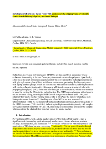 Development of myrcene-based resins with amine ended poly(propylene glycol) side chains bonded through hydroxyurethane linkages thumbnail