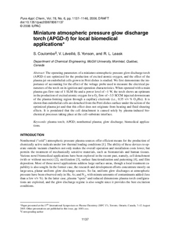 Miniature atmospheric pressure glow discharge torch (APGD-t) for local biomedical applications thumbnail