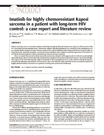 Imatinib for highly chemoresistant Kaposi sarcoma in a patient with long-term HIV control: a case report and literature review thumbnail