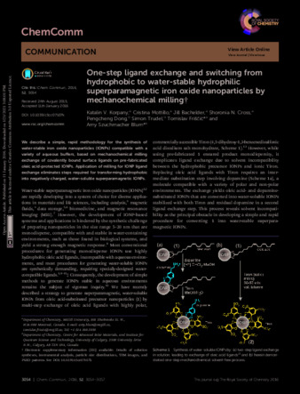 One-step ligand exchange and switching from hydrophobic to water-stable hydrophilic superparamagnetic iron oxide nanoparticles by mechanochemical milling thumbnail