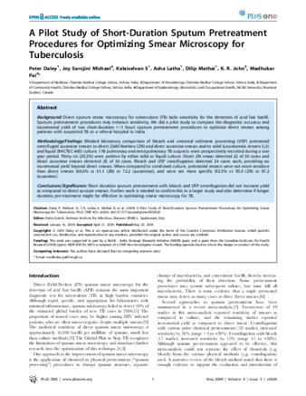 A Pilot Study of Short-Duration Sputum Pretreatment Procedures for Optimizing Smear Microscopy for Tuberculosis thumbnail