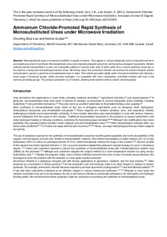 Ammonium Chloride-Promoted Rapid Synthesis of Monosubstituted Ureas under Microwave Irradiation thumbnail