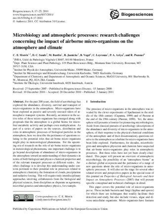 Microbiology and atmospheric processes: research challenges concerning the impact of airborne micro-organisms on the atmosphere and climate thumbnail