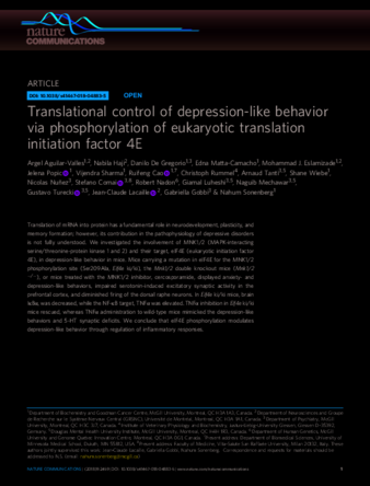 Translational control of depression-like behavior via phosphorylation of eukaryotic translation initiation factor 4E thumbnail