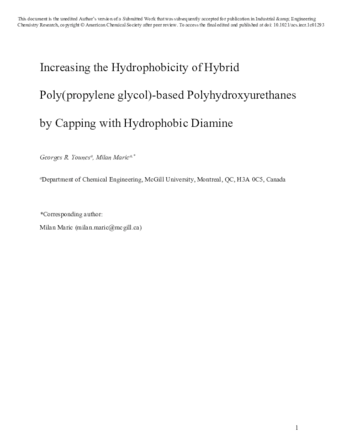 Increasing the Hydrophobicity of Hybrid Poly(propylene glycol)-Based Polyhydroxyurethanes by Capping with Hydrophobic Diamine thumbnail