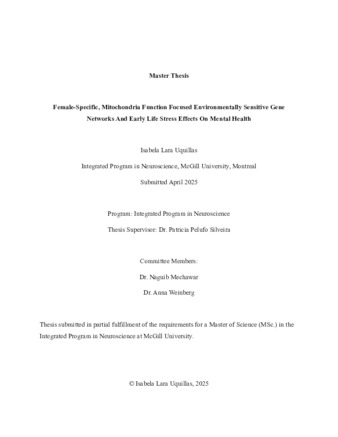 Female-specific, mitochondria function focused environmentally sensitive gene networks  and early life stress effects on mental health thumbnail