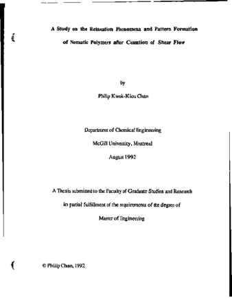 A study on the relaxation phenomena and pattern formation of nematic polymers after cessation of shear flow / thumbnail