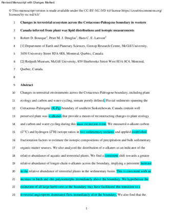 Changes in terrestrial ecosystems across the Cretaceous-Paleogene boundary in western Canada inferred from plant wax lipid distributions and isotopic measurements thumbnail