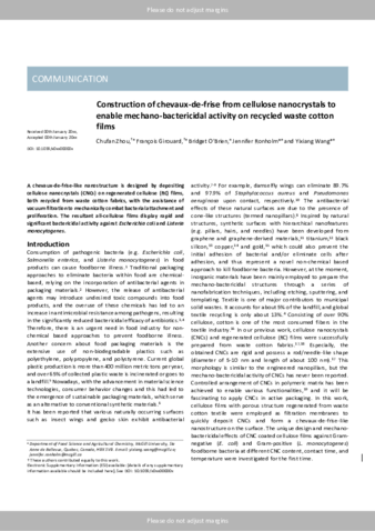 Construction of chevaux-de-frise from cellulose nanocrystals to enable mechano-bactericidal activity on recycled waste cotton films thumbnail