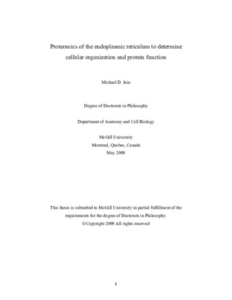 Proteomics of the endoplasmic reticulum to determine cellular organization and protein function thumbnail