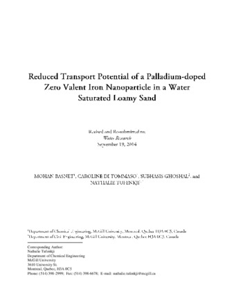 Reduced transport potential of a palladium-doped zero valent iron nanoparticle in a water saturated loamy sand thumbnail