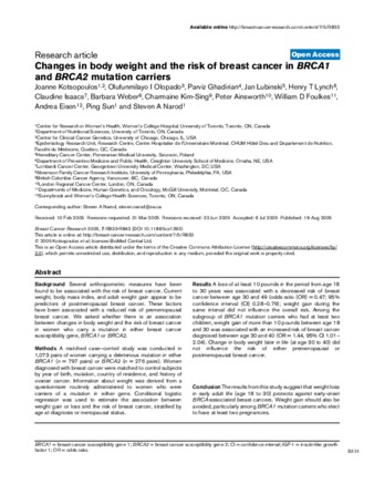 Changes in body weight and the risk of breast cancer in BRCA1 and BRCA2 mutation carriers thumbnail