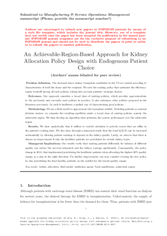 An achievable-region-based approach for kidney allocation policy design with endogenous patient choice thumbnail