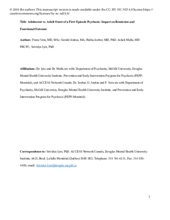 Adolescent vs. adult onset of a first episode psychosis: Impact on remission of positive and negative symptoms thumbnail
