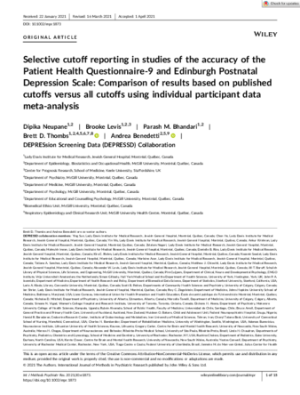 Selective cutoff reporting in studies of the accuracy of the Patient Health Questionnaire-9 and Edinburgh Postnatal Depression Scale: Comparison of results based on published cutoffs versus all cutoffs using individual participant data meta-analysis thumbnail