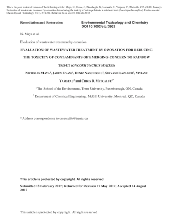 Evaluation of wastewater treatment by ozonation for reducing the toxicity of contaminants of emerging concern to rainbow trout (Oncorhynchus mykiss) thumbnail