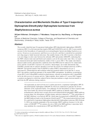Characterization and Mechanistic Studies of Type II Isopentenyl Diphosphate:Dimethylallyl Diphosphate Isomerase from Staphylococcus aureus thumbnail