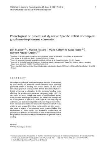 Phonological or procedural dyslexia: Specific deficit of complex grapheme-to-phoneme conversion thumbnail