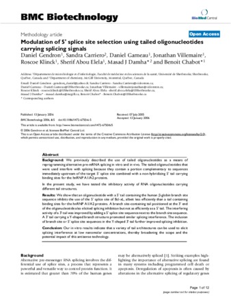 Modulation of 5' splice site selection using tailed oligonucleotides carrying splicing signals thumbnail