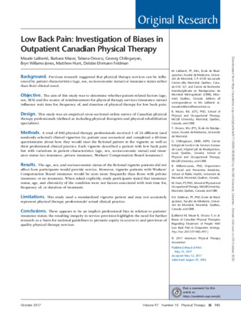 Low Back Pain: Investigation of Biases in Outpatient Canadian Physical Therapy thumbnail