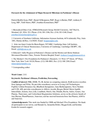 Forecasts for the Attainment of Major Research Milestones in Parkinson's Disease thumbnail