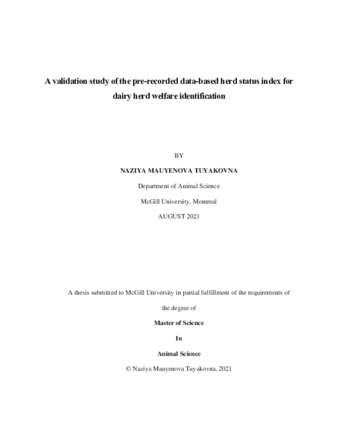 A validation study of the pre-recorded data-based herd status index for dairy herd welfare identification thumbnail