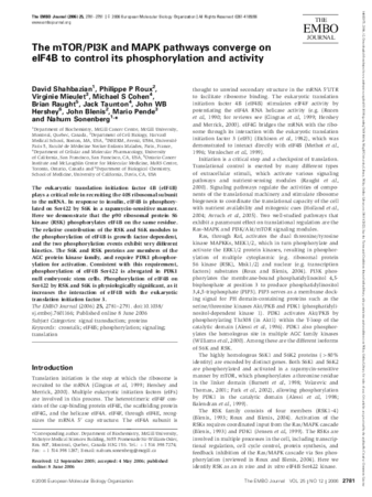 The mTOR/PI3K and MAPK pathways converge on eIF4B to control its phosphorylation and activity thumbnail