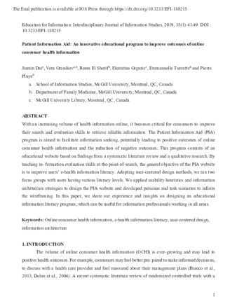 Patient Information Aid: An innovative educational program to improve outcomes of online consumer health information thumbnail