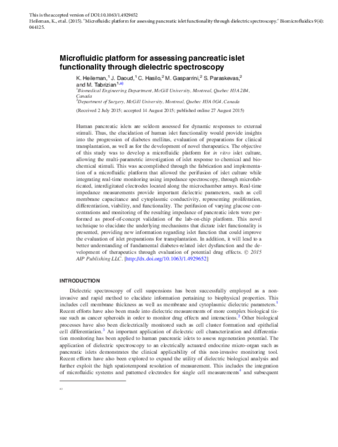 Microfluidic platform for assessing pancreatic islet functionality through dielectric spectroscopy thumbnail