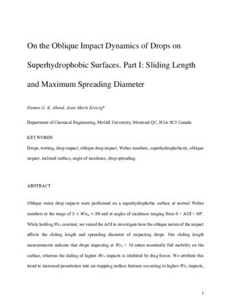 On the Oblique Impact Dynamics of Drops on Superhydrophobic Surfaces. Part I: Sliding Length and Maximum Spreading Diameter thumbnail