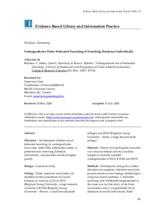 Undergraduates Prefer Federated Searching to Searching Databases Individually (Review of: Belliston, C. Jeffrey, et al. “UnCollege & Research Libraries 68.6 (Nov. 2007): 472-86.) thumbnail